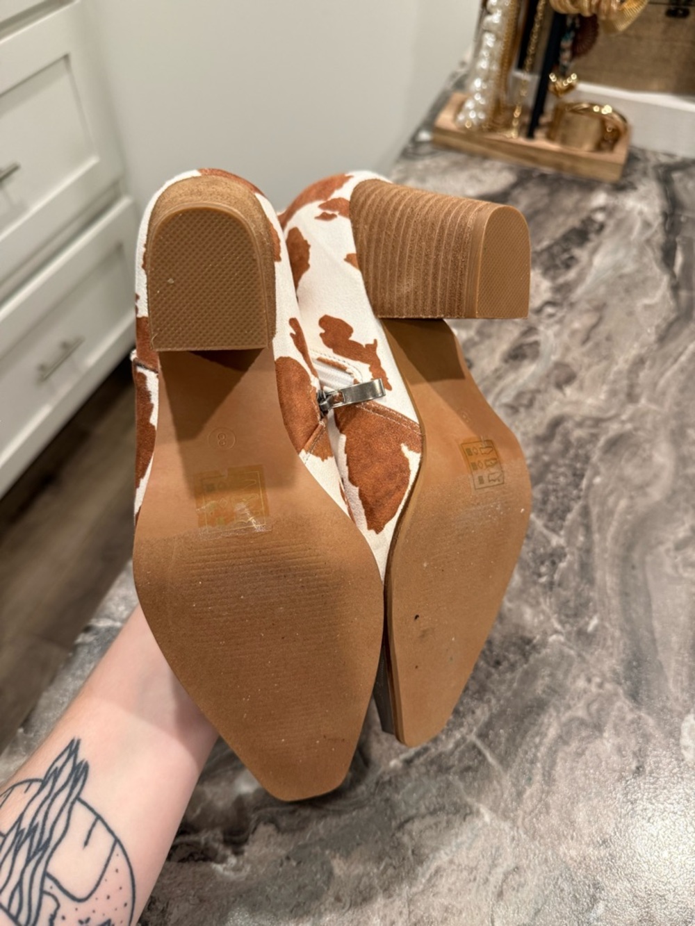 BEAST FASHION Brown & White Cow Print Western Ankle Boots - Picture 7 of 9